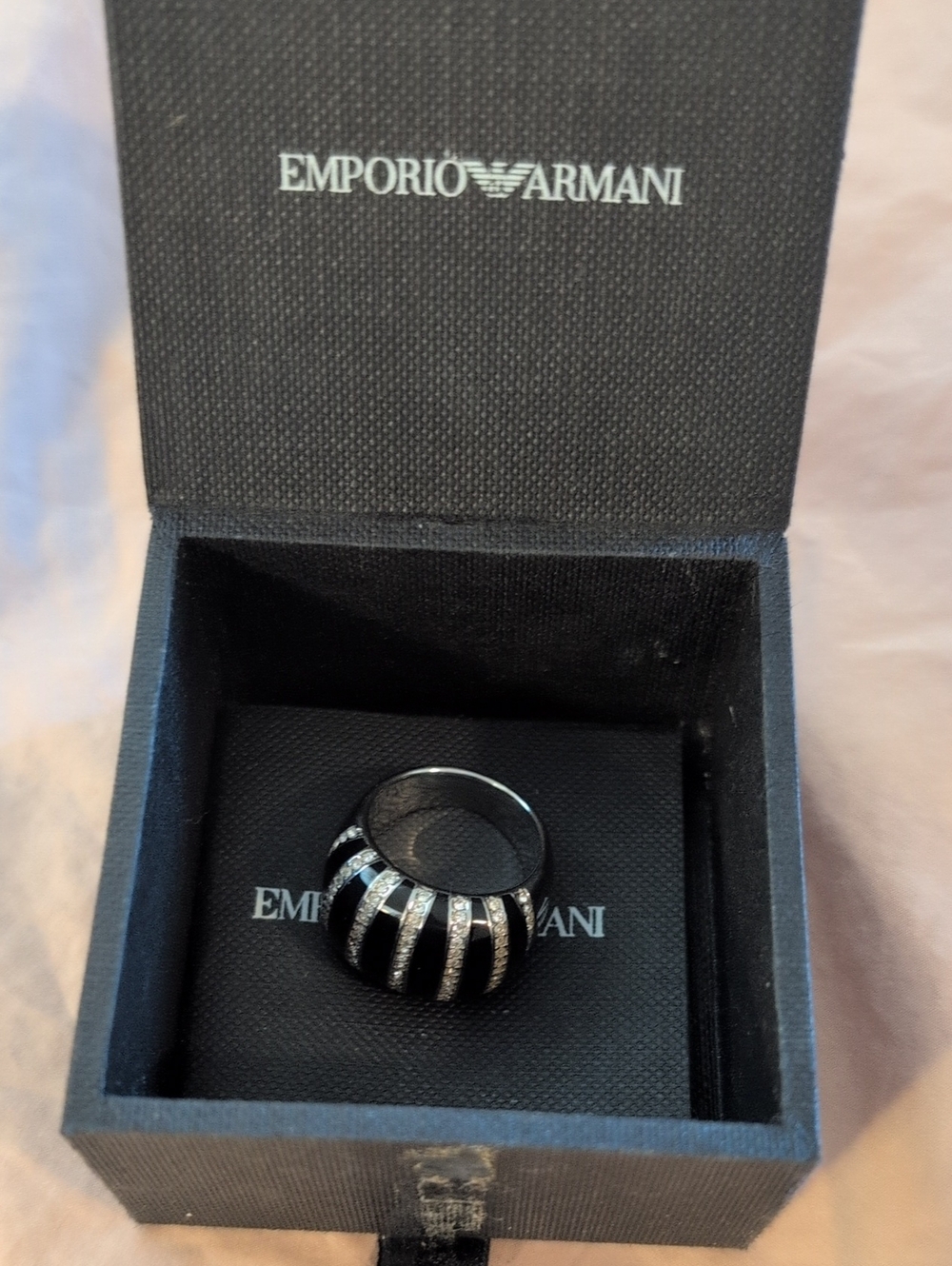 ARMANI Black And Silver Striped Ring